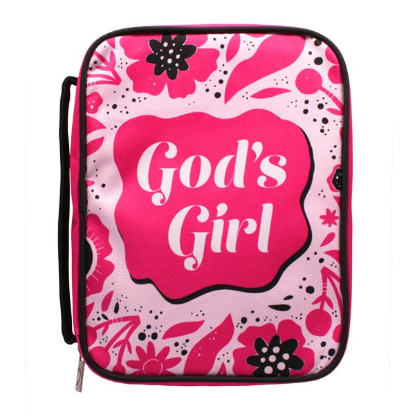 Pochette Bible, M, "God's Girl" - motif floral rose et noir