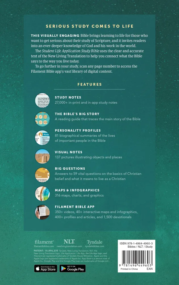 Anglais, Bible d'étude NLT, Student Life Application Study Bible - cartonnée, verte + Filament app