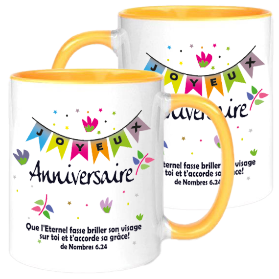 Mug blanc/jaune Joyeux Anniversaire - Nombres 6.24