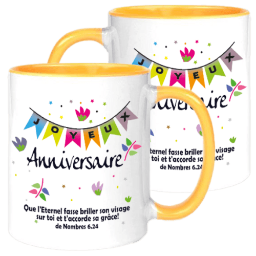 Mug blanc/jaune Joyeux Anniversaire - Nombres 6.24