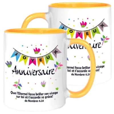 Mug blanc/jaune « Que l'Éternel fasse briller son visage […] » - Nombres 6.24. Anniversaire