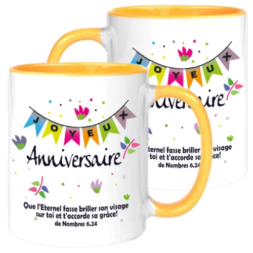 Mug blanc/jaune « Que l'Éternel fasse briller son visage […] » - Nombres 6.24. Anniversaire