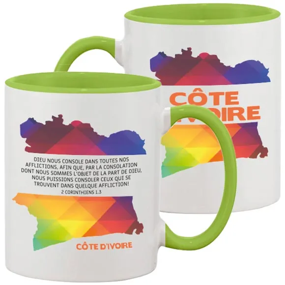 Mug bicolore blanc/vert Côte d'Ivoire - "Dieu nous console dans toutes nos afflictions…" 2...
