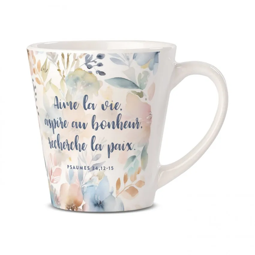 Mug motifs floraux pastels « Aime la vie » Ps. 34.12-15