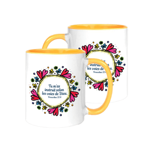 Mug bicolore blanc/jaune "Proverbes 22.6" - Fête des mères