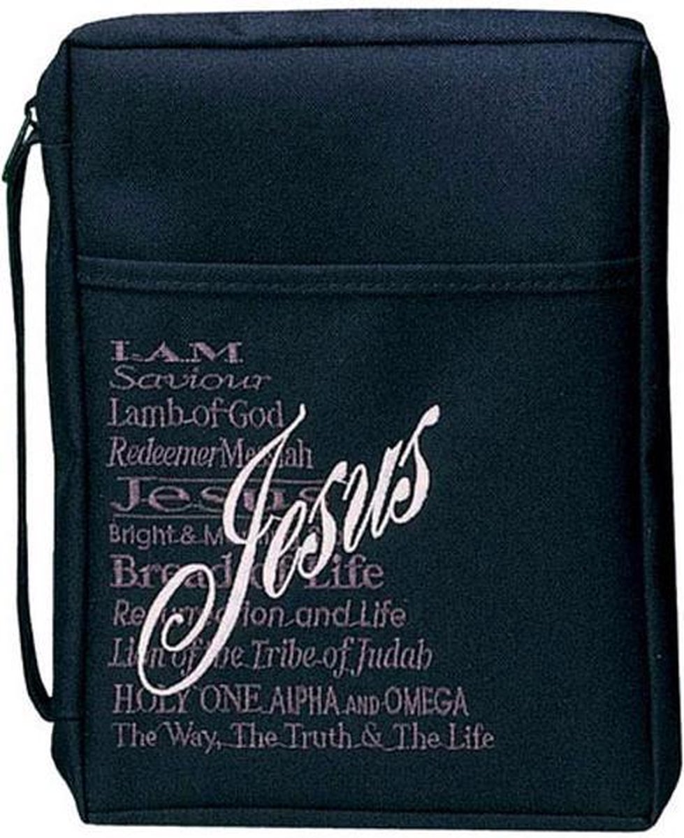 Pochette Bible L "Names of Jésus", tissu noir avec poche extérieure