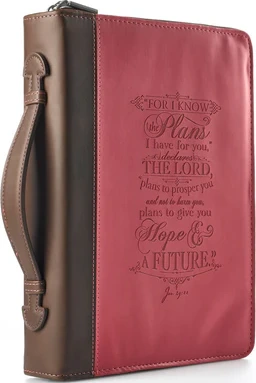 Pochette Bible, taille L, "For I know the plans…", similicuir brun/fuschia, poignée