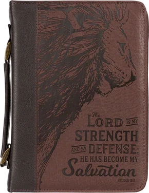 Pochette Bible, taille XL, "The Lord is my strength", similicuir brun, poignée