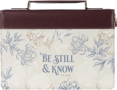 Pochette Bible, taille XL, "Be still", similicuir/tissu brun/fleurs