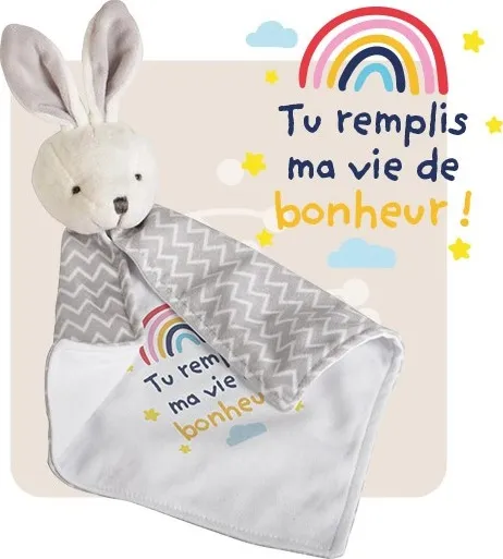 Doudou lapin "Tu remplis ma vie de bonheur"