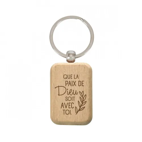 Porte-clés en bois gravé « Que la paix de Dieu soit avec toi » - 3x4.5cm
