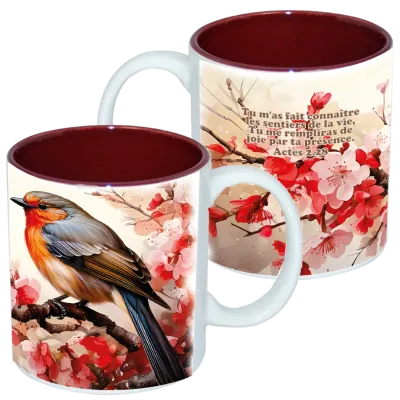 Mug bicolore blanc/marron, «Tu m'as fait connaître […] » - Actes 2.28. Oiseau sur cerisier fleuri