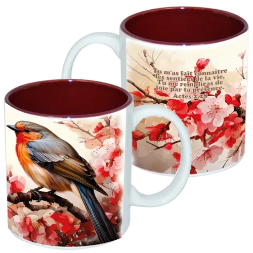 Mug bicolore blanc/marron, «Tu m'as fait connaître […] » - Actes 2.28. Oiseau sur cerisier fleuri