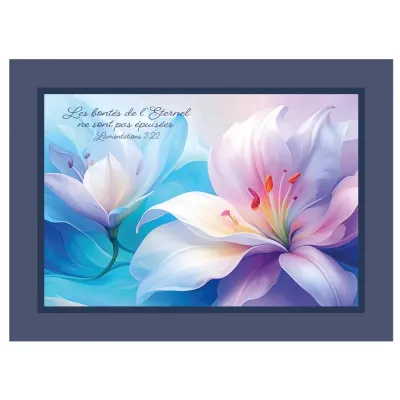 Cadre bois, Bouquet de lys - Lamentations 3.22 "Les bontés de l'Eternel ne sont pas épuisées."
