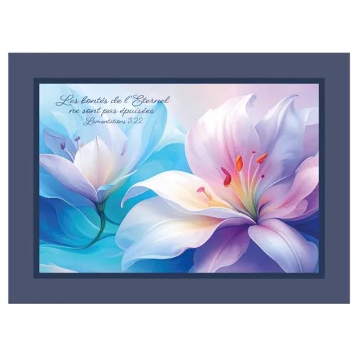 Cadre bois, Bouquet de lys - Lamentations 3.22 "Les bontés de l'Eternel ne sont pas épuisées."