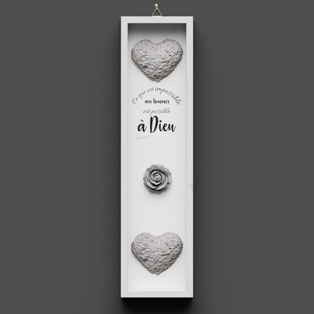 Cadre en bois, "Ce qui est impossible…" Luc 18.27 - Vertical, avec cœurs et rose en béton