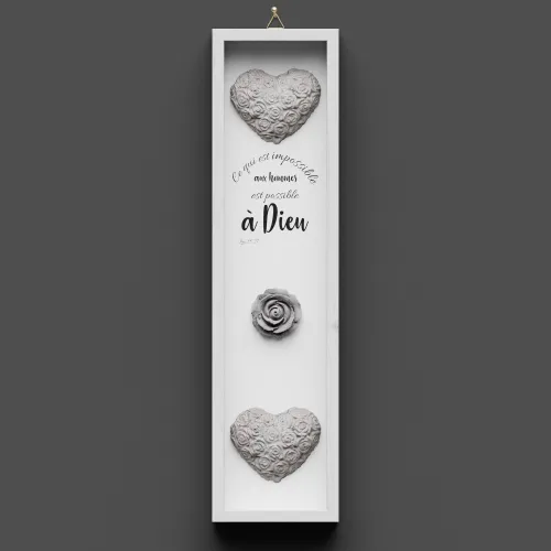 Cadre en bois, "Ce qui est impossible…" Luc 18.27 - Vertical, avec cœurs et rose en béton