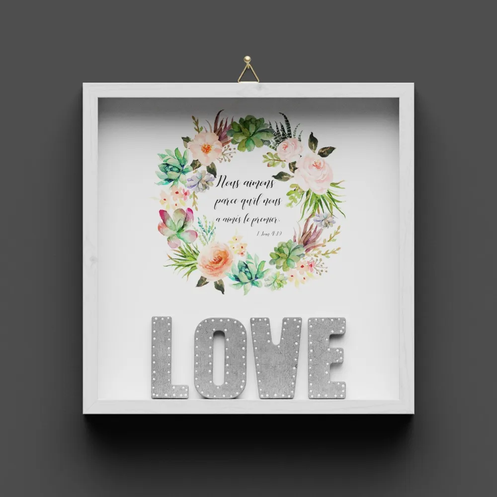 Cadre en bois LOVE - lettres ciment décor points blancs, cadre peint en blanc, avec crochet