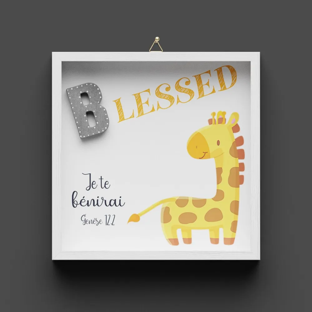 Cadre en bois "BLESSED" Genèse 12.2 - Pour enfants, avec girafe