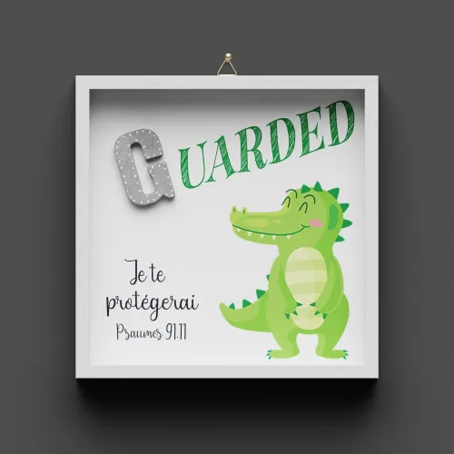 Cadre en bois "GUARDED" Psaume 91.11 - Pour enfants, avec crocodile