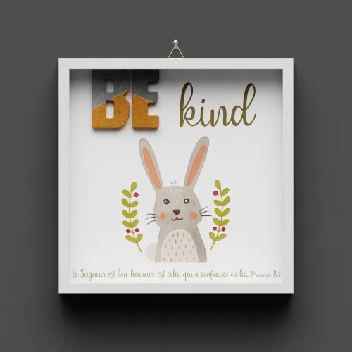 Cadre en bois "BE KIND" Psaume 34.8 - Pour enfants avec lapin
