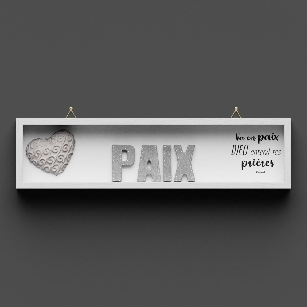 Cadre en bois PAIX 1 Samuel 1.17 - lettres béton décor, cadre peint en blanc, avec crochet