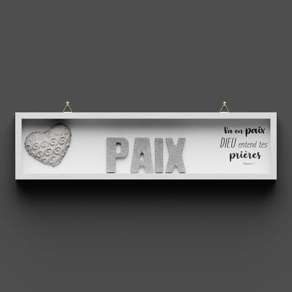 Cadre en bois PAIX 1 Samuel 1.17 - lettres béton décor, cadre peint en blanc, avec crochet