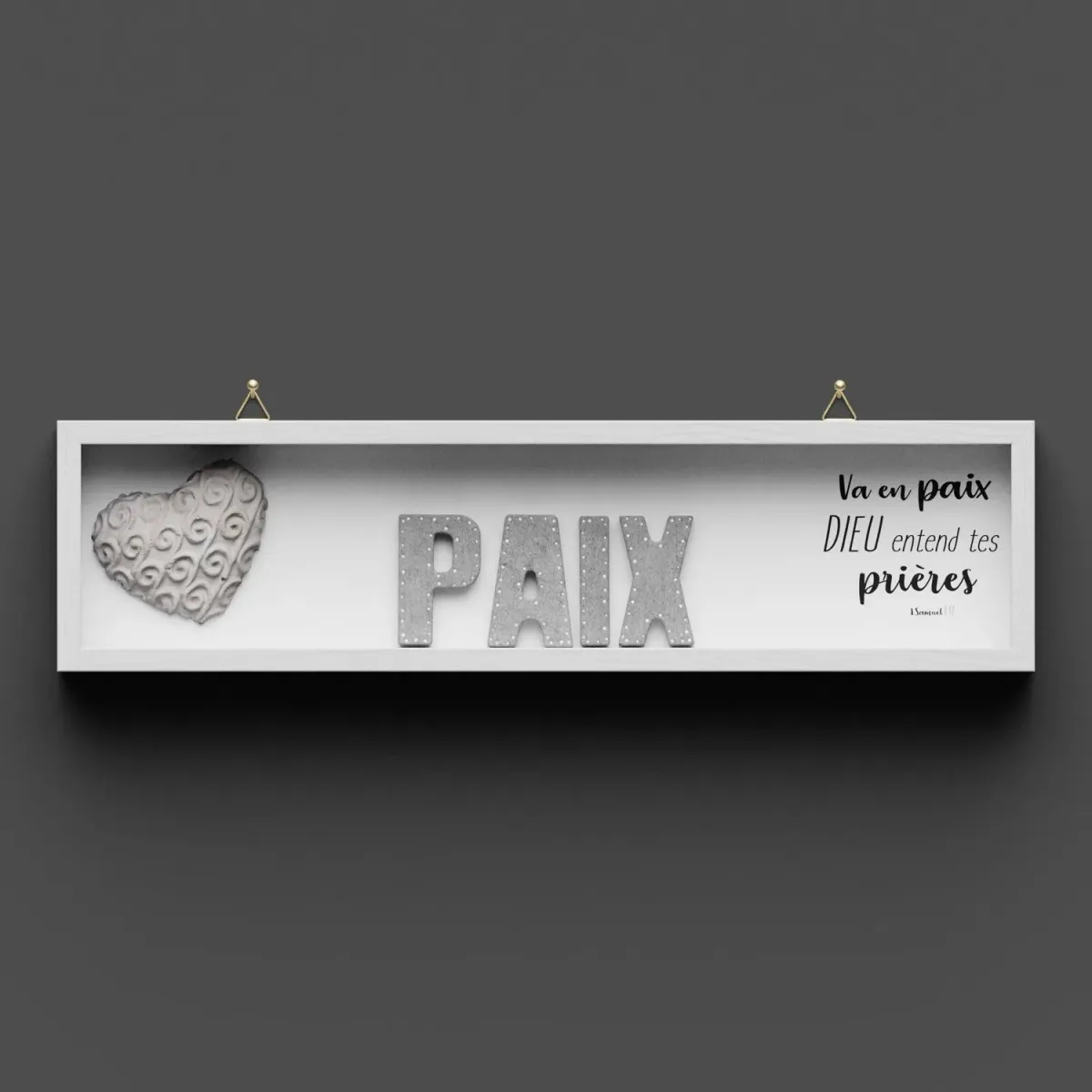 Cadre en bois PAIX 1 Samuel 1.17 - lettres béton décor, cadre peint en blanc, avec crochet