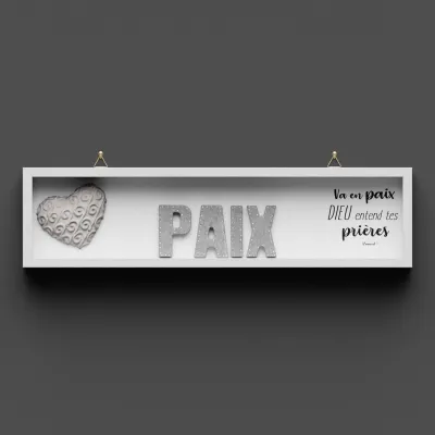 Cadre en bois PAIX 1 Samuel 1.17 - lettres béton décor, cadre peint en blanc, avec crochet