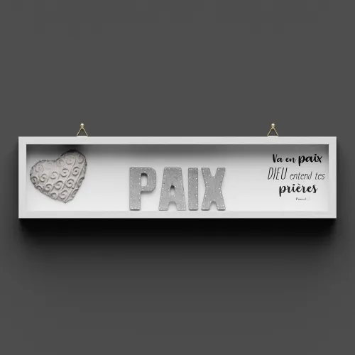 Cadre en bois PAIX 1 Samuel 1.17 - lettres béton décor, cadre peint en blanc, avec crochet