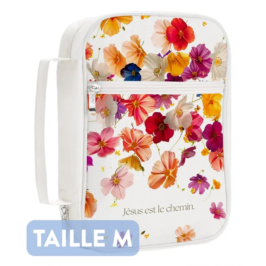 Pochette Bible M « Jésus est le chemin » blanche/fleurs
