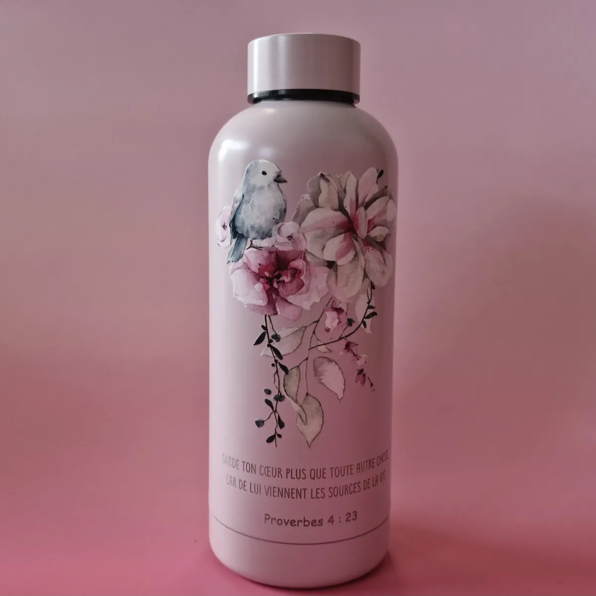 Bouteille isotherme, rose, couvercle à vis - "Garde ton cœur plus que toute autre chose,..."...
