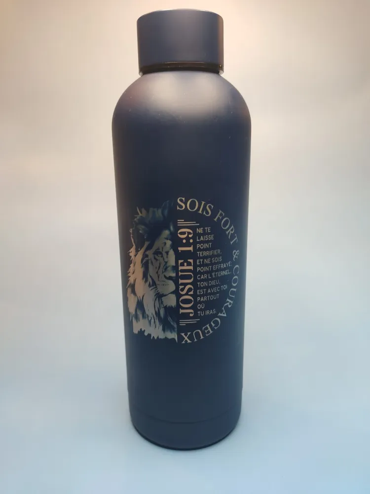 Bouteille isotherme Lion, bleue, bouchon à vis - "Sois fort et courageaux ne te laisse point...