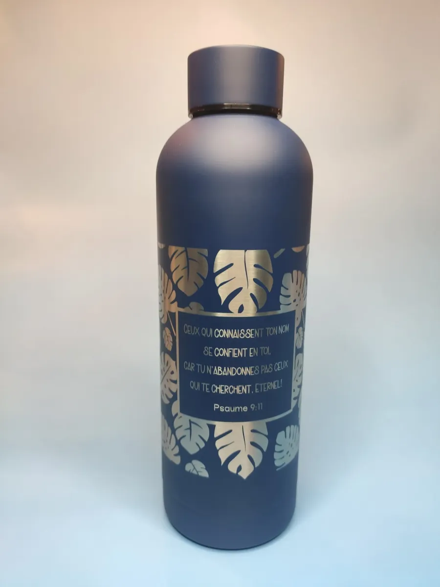 Bouteille isotherme bleu, motif feuilles - « Ceux qui connaissent ton nom se confient en toi, car...
