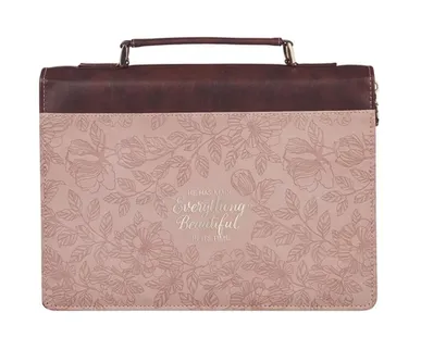 Pochette Bible, taille M, « Everything beautiful » Ecc. 3.11, similicuir brun/rose