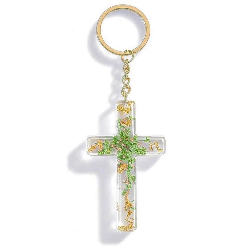 Porte-clé croix avec inclusions de fleurs - vert
