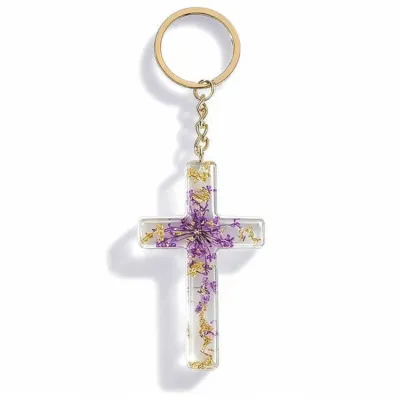 Porte-clé croix avec inclusions de fleurs - violet