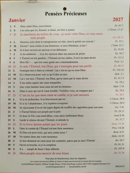 Pensées précieuses - calendrier 1 verset par jour, une page par mois
