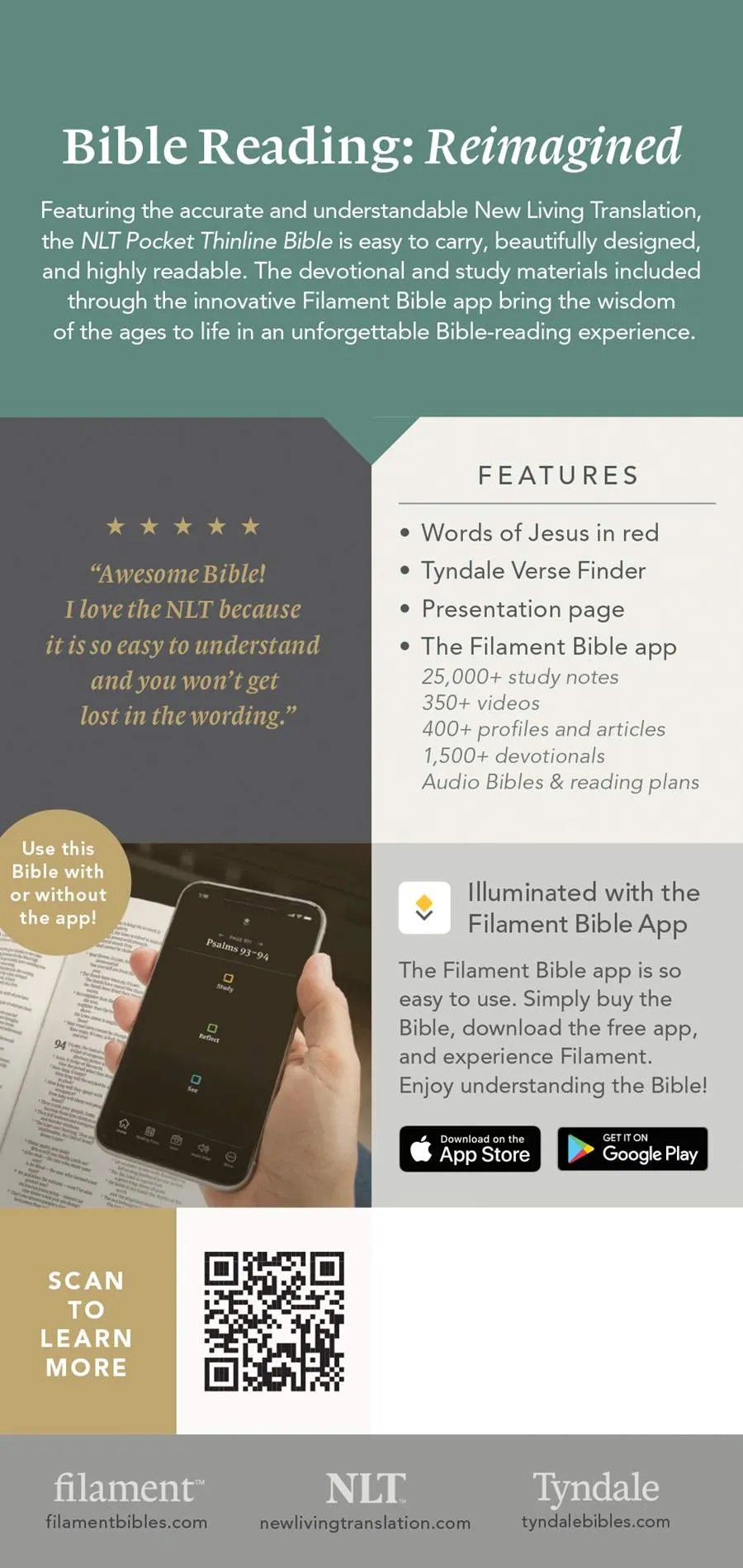 Anglais, Bible NLT, poche, rose, édition Filament - NLT Pocket Thinline Bible, Filament Enabled,...