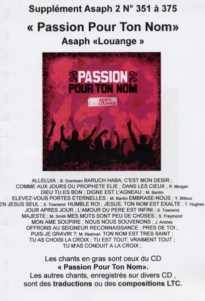 PASSION POUR TON NOM - SUPPLÉMENT ASAPH 2, N°351 À 375 - RECUEIL DE CHANTS