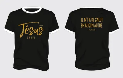 Jésus sauve + Il n'y a de salut - T-Shirt noir col blanc