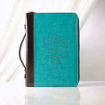 Pochette Bible, taille L, "I can do everything […] ", similicuir brun/turquoise, poignée