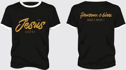 Jésus sauve + Heureux - T-Shirt noir col blanc