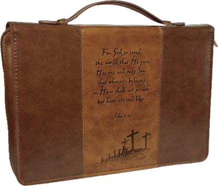 Pochette Bible L Simili cuir brun "For God so loved…"