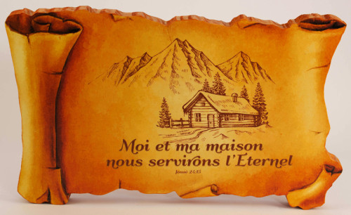 Cadre parchemin "Moi et ma maison […]" Josué 24.15 - horizontal, couleur châtaigne