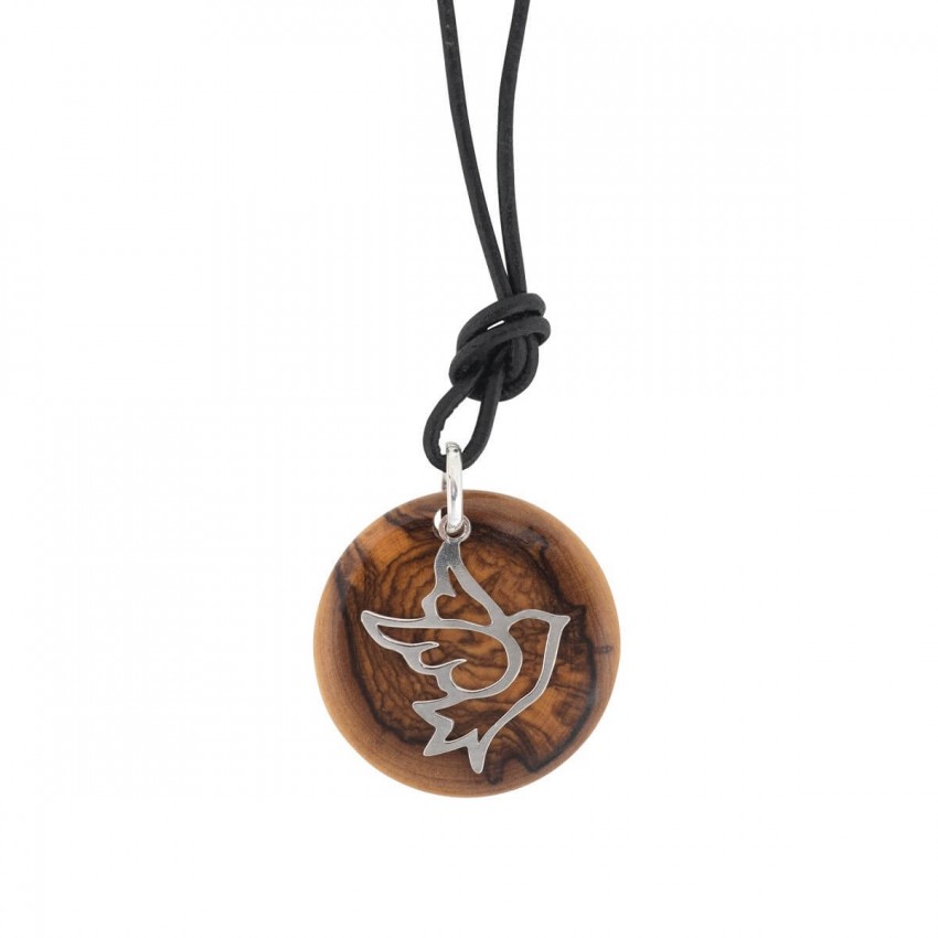 Collier avec pendentif en bois d'olivier et Colombe en argent