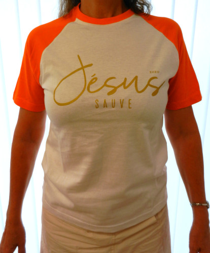Jésus Sauve - T-Shirt blanc manches oranges