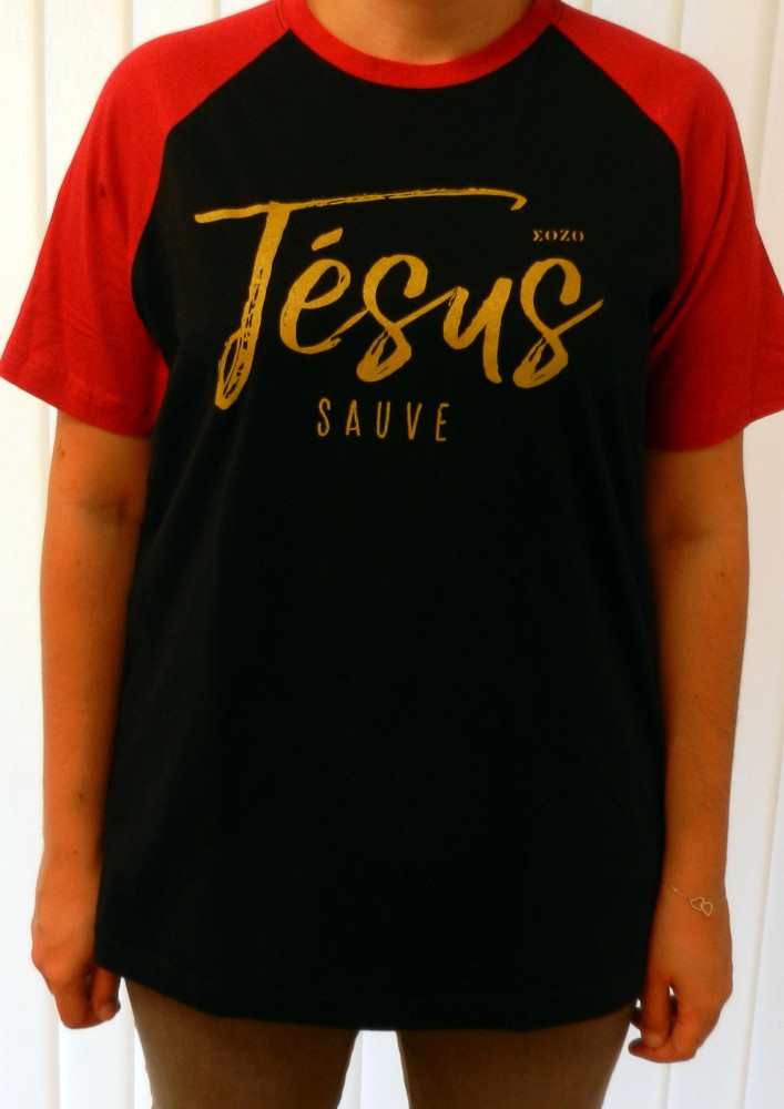 Jésus sauve + Il n'y a de salut - T-Shirt noir manches rouges