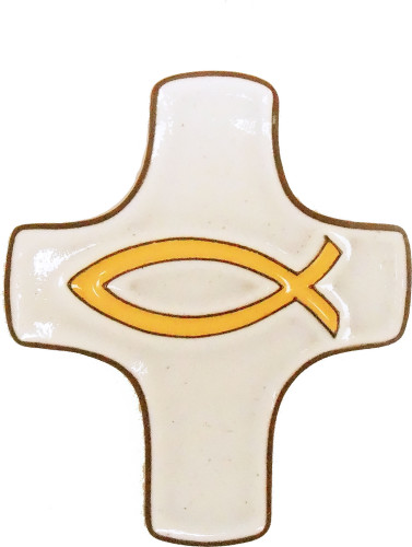 CROIX CÉRAMIQUE ICHTHUS BLANC/JAUNE 7,5 x 9 cm