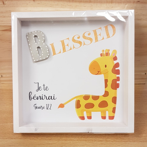 Cadre en bois "BLESSED" Genèse 12.2 - Pour enfants, avec girafe